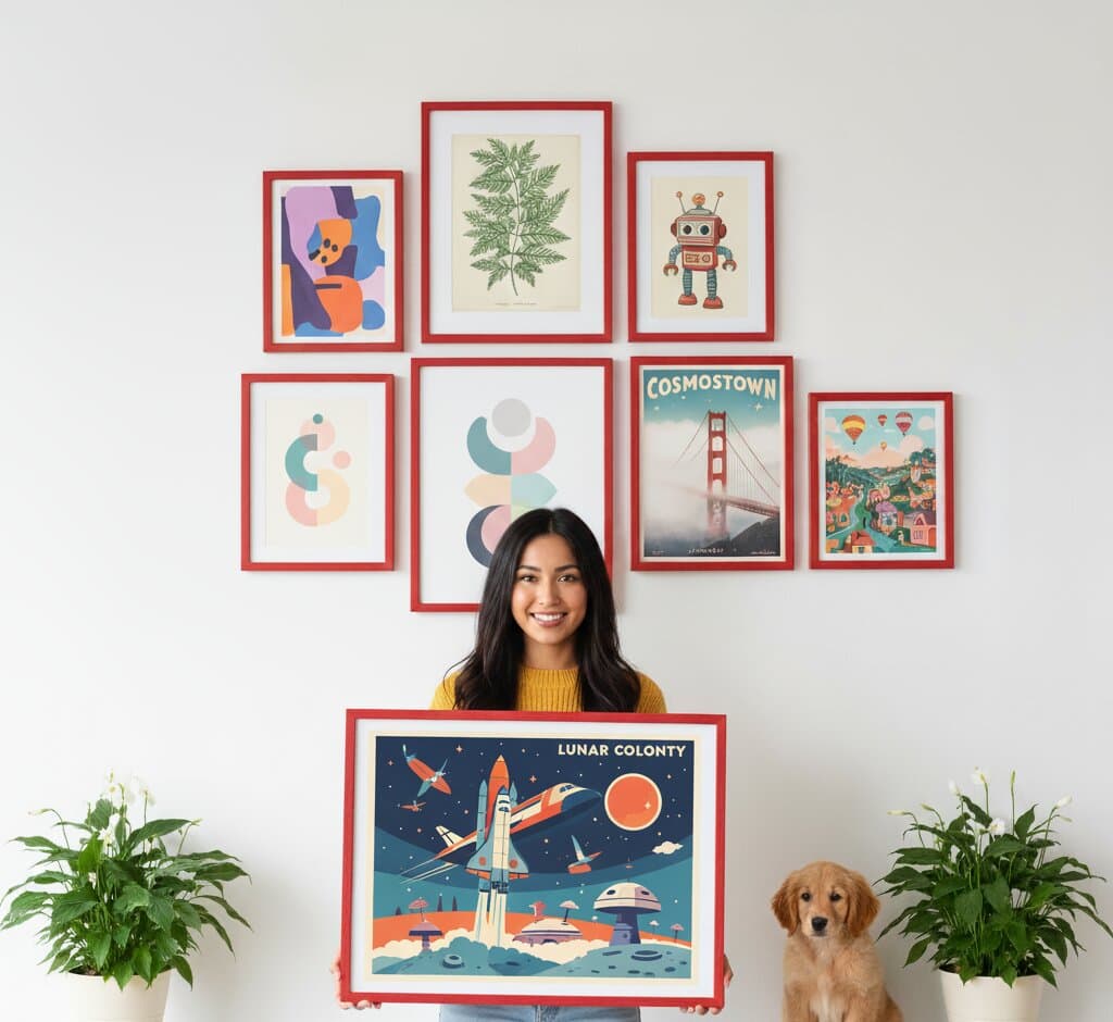 Woman in yellow sweater holds oversized red wood picture frame displaying retro lunar colony space travel poster surrounded by gallery wall of seven smaller red frames featuring abstract shapes, fern botanical, retro robot, Cosmostown Golden Gate Bridge poster, and hot air balloons with golden retriever puppy and matching houseplants