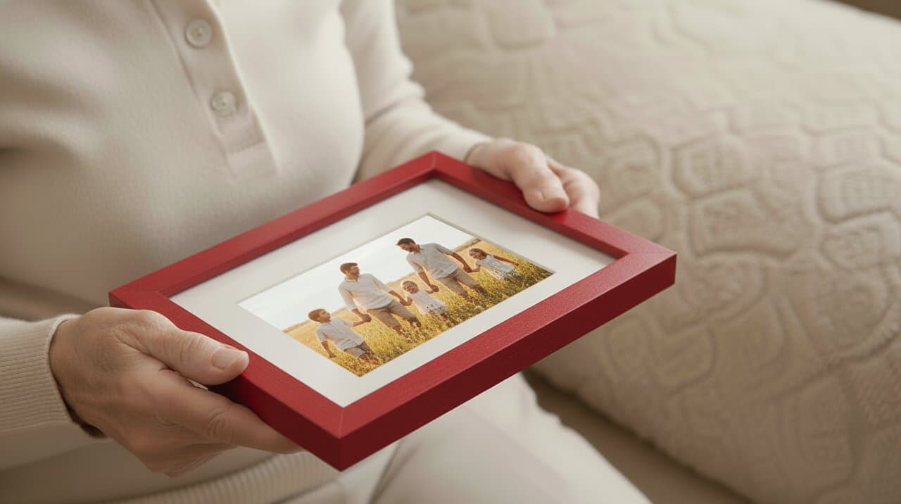 Person in cream sweater holds small burgundy red wood picture frame with white mat displaying cherished family photograph in warm golden hour lighting demonstrating elegant picture framing for personal memories on soft neutral textured surface
