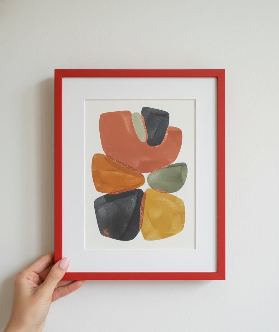 Hand with pink manicure holds sleek red wood picture frame displaying mid-century modern abstract art featuring balanced composition of terracotta, mustard, olive, and charcoal organic shapes showcasing professional picture framing for contemporary geometric artwork
