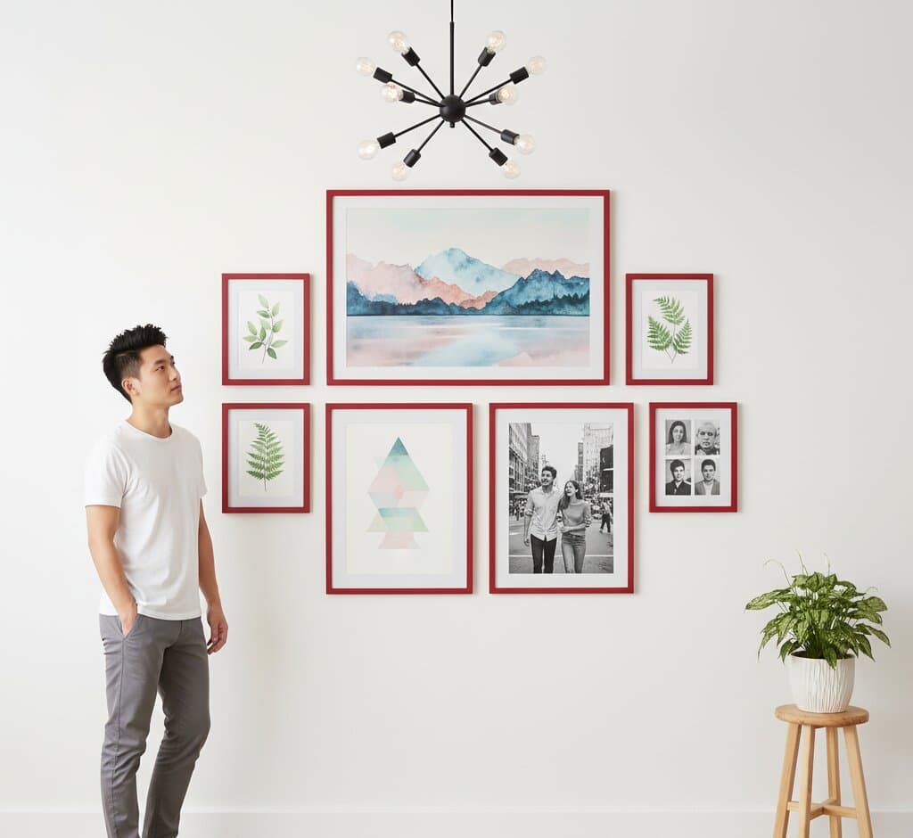 Woman in gray sweater sits cross-legged on wooden floor holding red wood picture frame displaying colorful geometric block art surrounded by collection of framed artwork including black and white portrait, architectural photography, vintage cityscape, and sunset skyline demonstrating versatile picture framing options for art collectors
