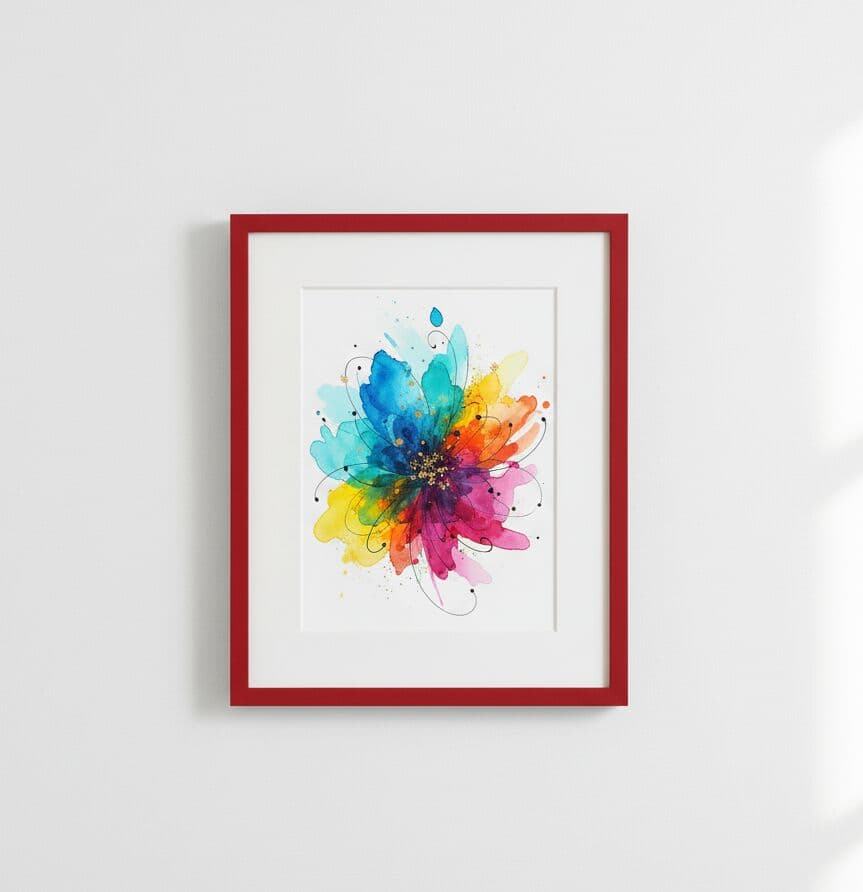 Red picture frame with white mat displays colorful watercolor flower painting in shades of blue, yellow, orange, and pink against white wall