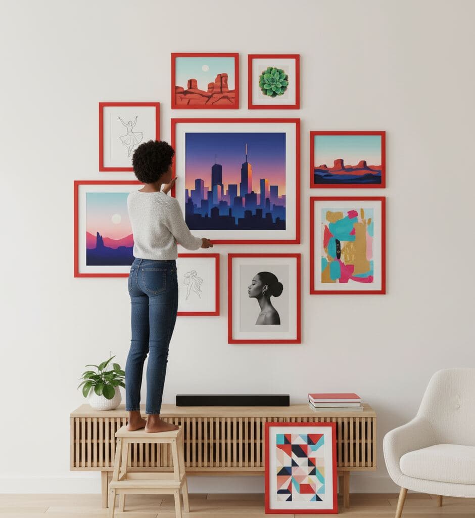 Woman stands on step stool arranging gallery wall of red picture frames displaying colorful modern and portrait artwork in bright living room