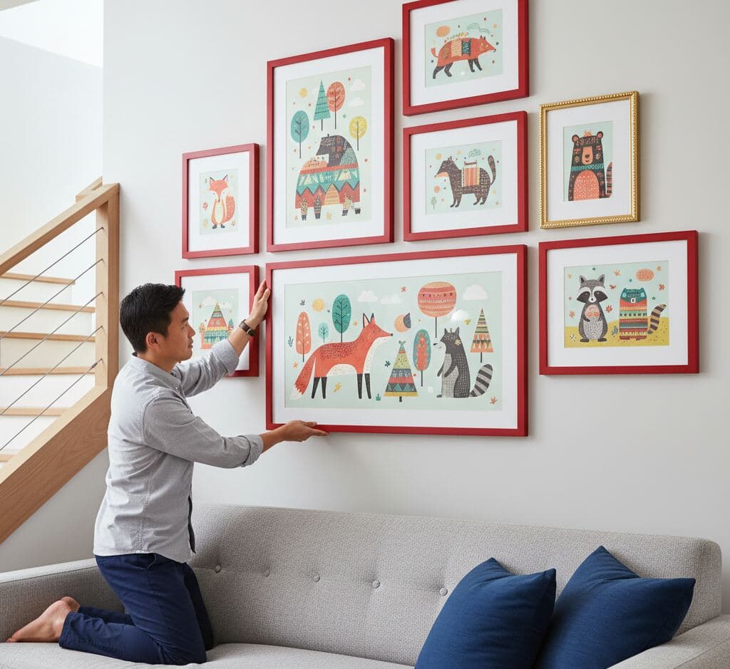 Man kneels on gray sofa adjusting gallery wall of red picture frames featuring whimsical animal illustrations including fox, bear, raccoon, and owl