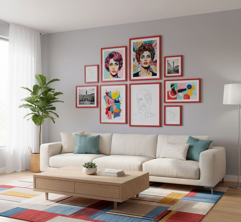 Contemporary living room with beige sofa and patterned rug features gallery wall of red picture frames displaying colorful pop-art portraits and abstract designs