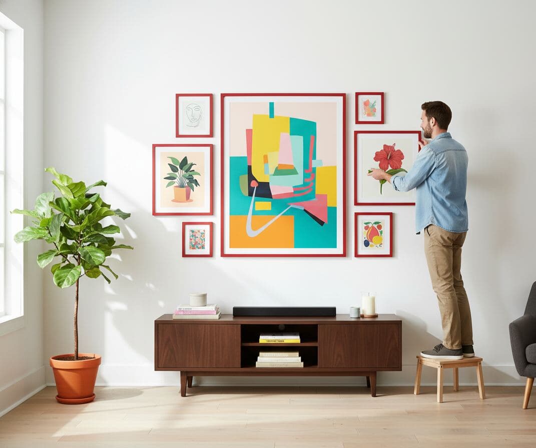 Man stands on small stool arranging wall of red picture frames displaying abstract shapes, plants, and red hibiscus painting above wood cabinet