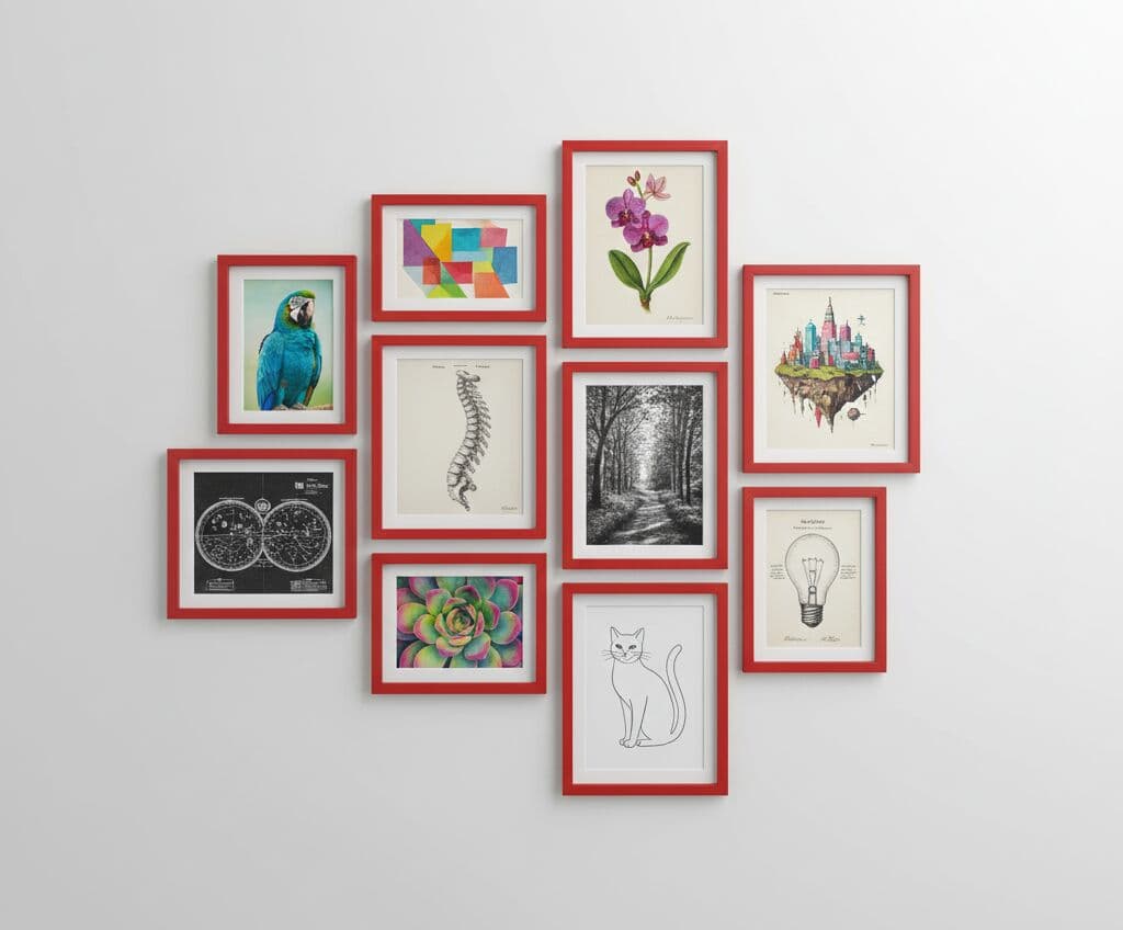 Grid of ten red picture frames displays assorted artwork including parrot, flower, succulent, spine diagram, city illustration, and light bulb sketch on white wall