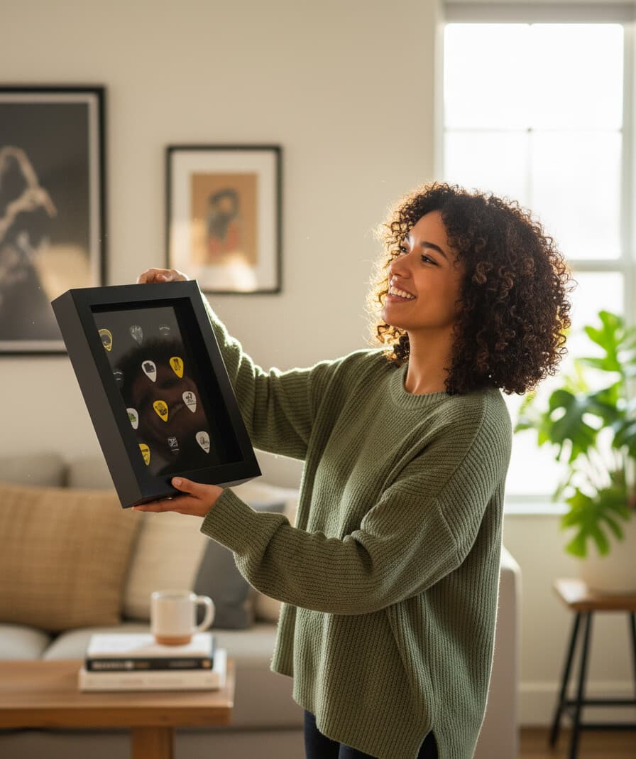 Deep wide-profile black shadowbox picture frame displaying colorful guitar pick collection with 1.25 inch usable depth accommodating dimensional music memorabilia showcasing contemporary 1 inch moulding width ideal for collectible display frames and musician keepsake shadowboxes