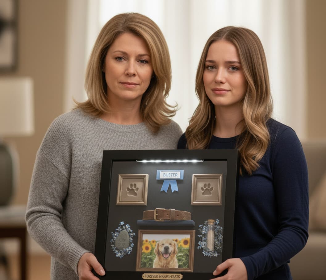 Custom pet memorial shadowbox frame in deep black finish with 1 inch wide moulding displaying dog collar name tag paw print molds and photographs demonstrating 1.25 inch depth capacity for preserving cherished animal keepsakes in professional remembrance picture frames