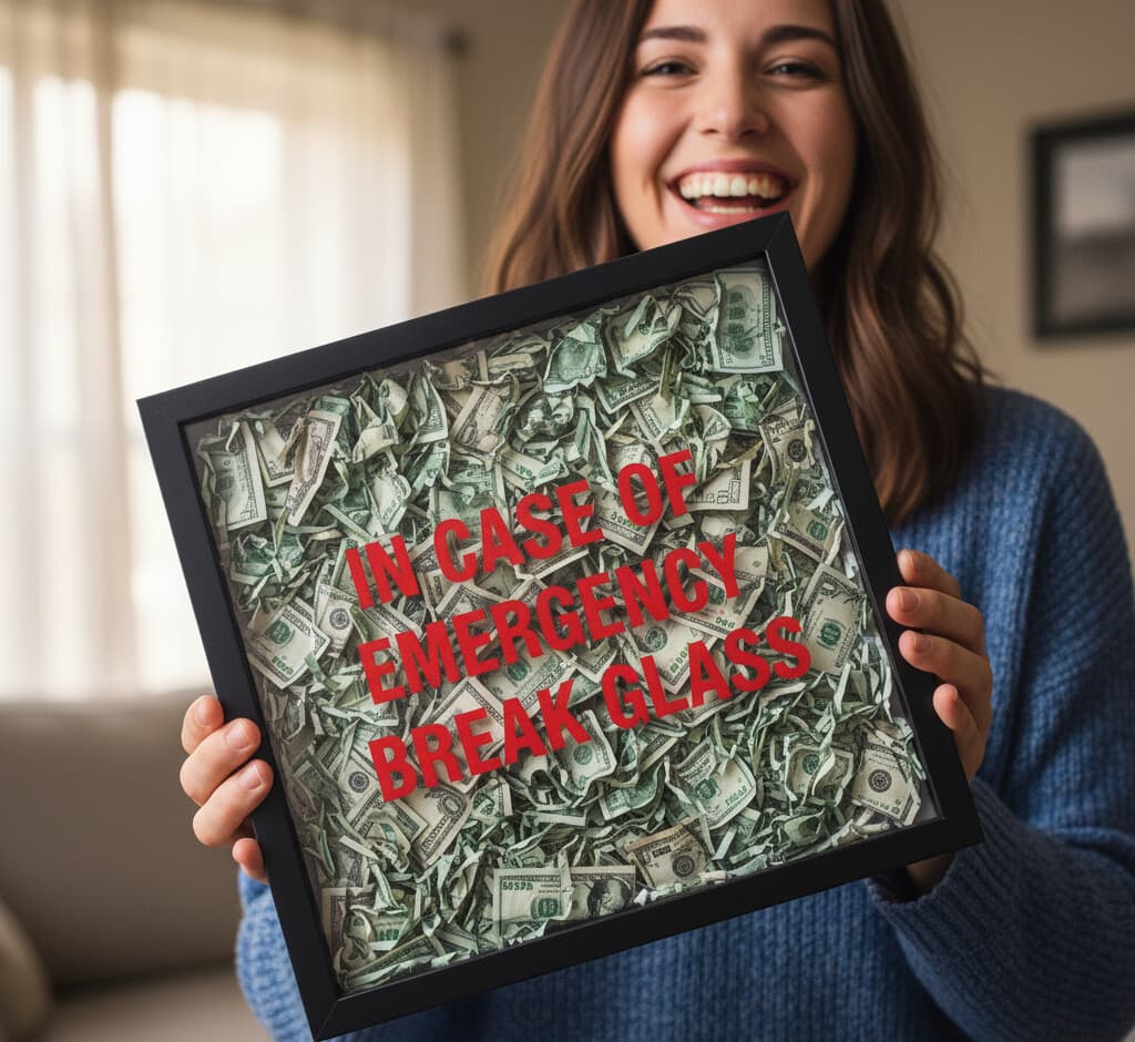 Wide-profile black shadowbox frame containing emergency fund money display with bold red text over dimensional currency bills utilizing 1.25 inch usable depth for creative dimensional artwork and novelty gift shadowbox picture frames with contemporary styling