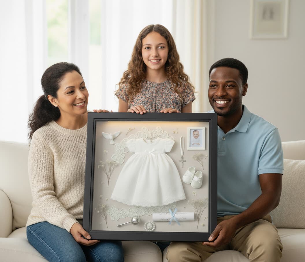 Custom baptism shadowbox frame with 1 inch wide black moulding displaying christening gown baby booties ceremonial candle and family photographs utilizing 1.25 inch depth for preserving dimensional religious keepsakes in heirloom memory picture frames