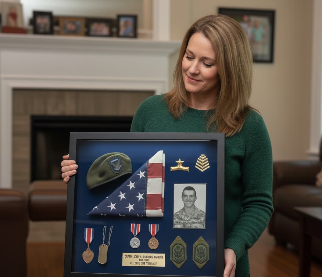 Military memorial shadowbox picture frame in contemporary black finish with 1 inch moulding displaying folded American flag service medals dog tags uniform beret and veteran photograph demonstrating 1.25 inch usable depth for professional armed forces tribute frames