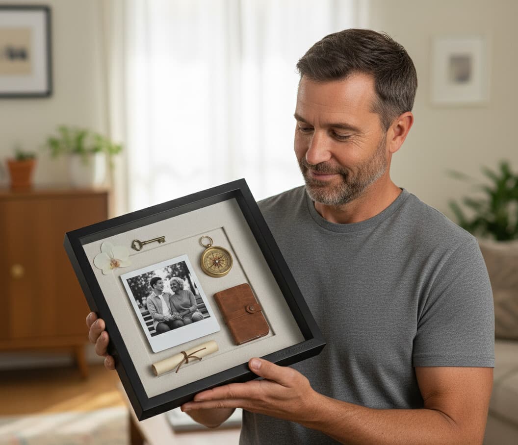 Heritage shadowbox frame in deep black finish with 1 inch moulding width preserving vintage family photographs antique skeleton key brass compass and leather wallet demonstrating 1.25 inch usable depth for generational heirloom display in custom dimensional picture frames