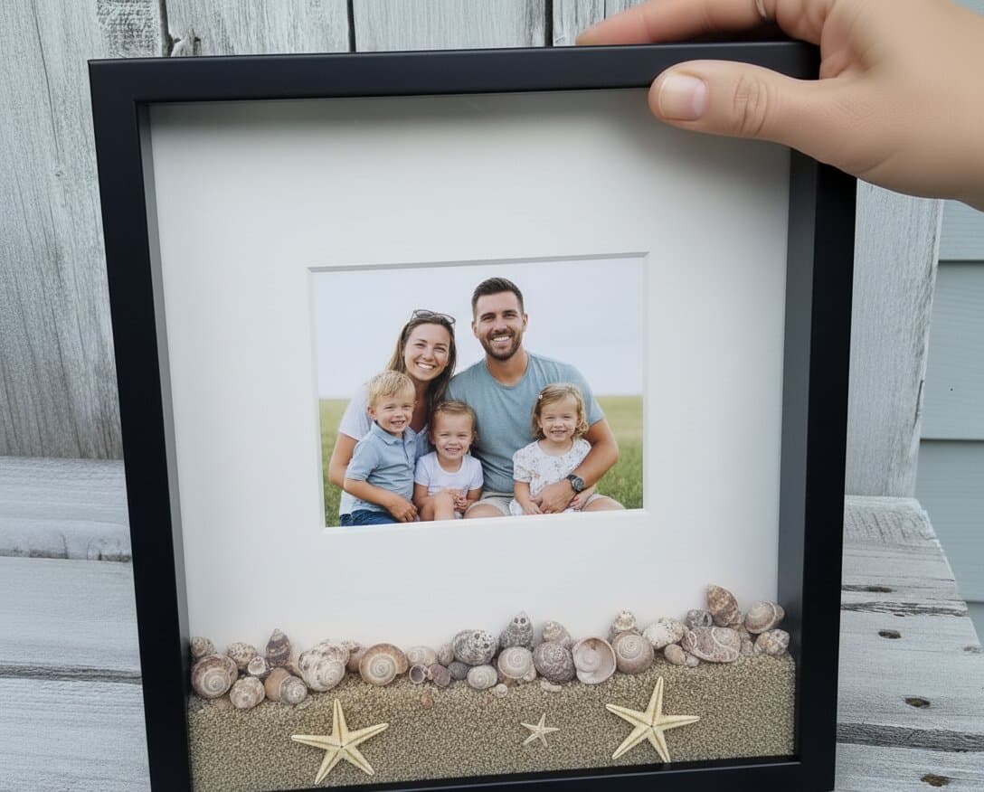 Hawaii travel shadowbox picture frame in wide-profile black finish displaying Oahu beach memorabilia with sand shells boarding passes and family photographs demonstrating 1.25 inch usable depth for vacation memory preservation in custom dimensional keepsake frames