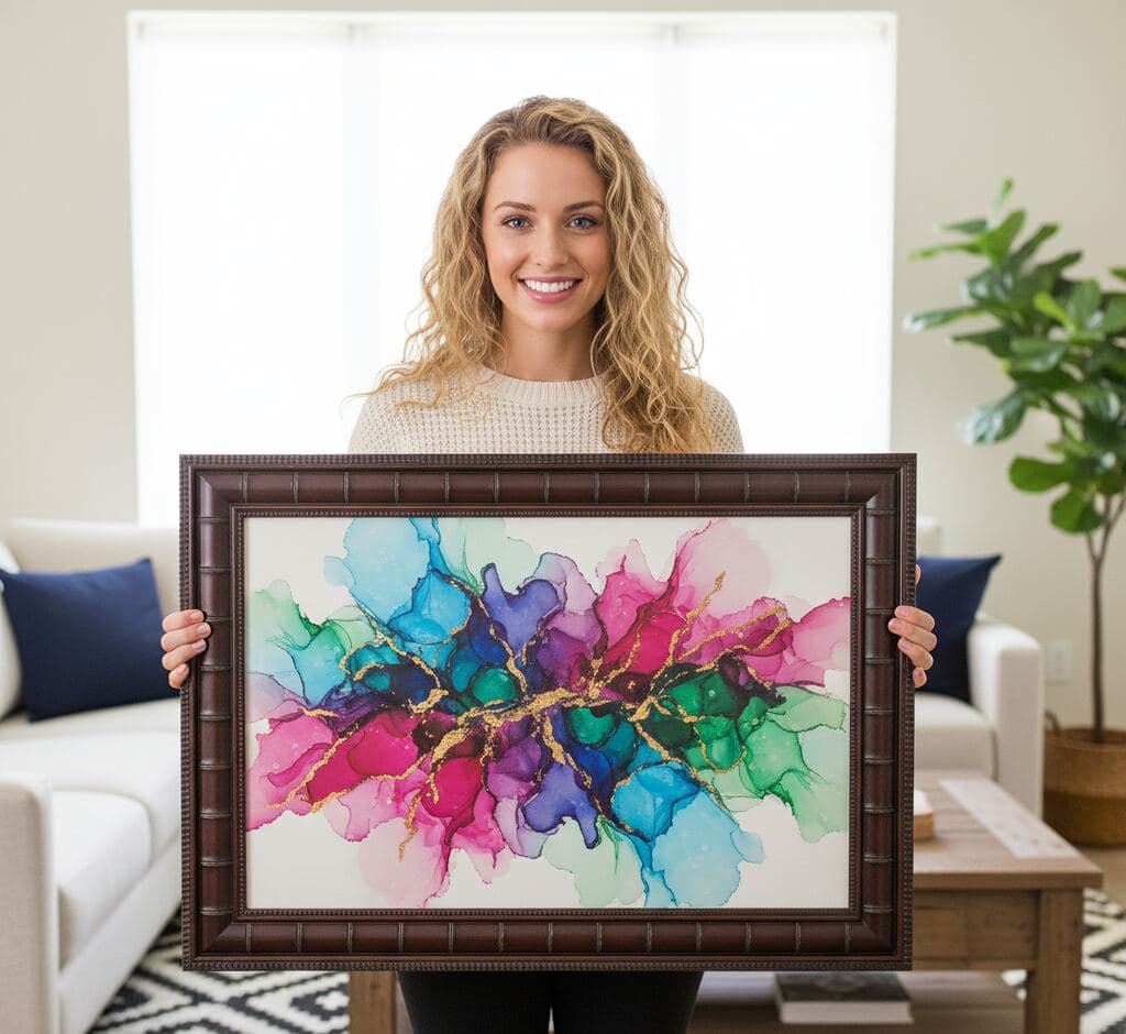 Woman displaying vibrant alcohol ink abstract painting with pink, purple, blue, and gold metallic accents in wide brown bamboo picture frame with decorative beaded edge and segment joint detailing