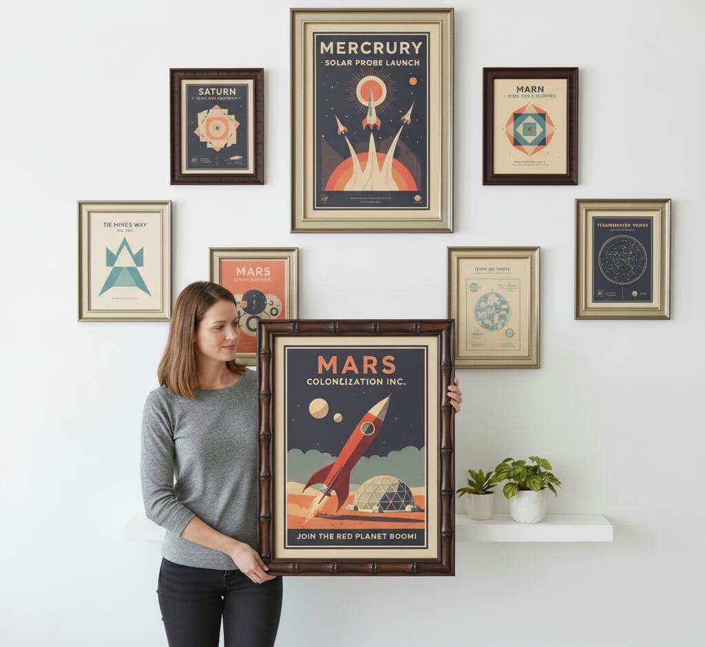Woman holding vintage Mars Colonization retro space travel poster in wide brown bamboo picture frame within curated gallery wall featuring Mercury, Saturn, and astronomical prints with geometric designs