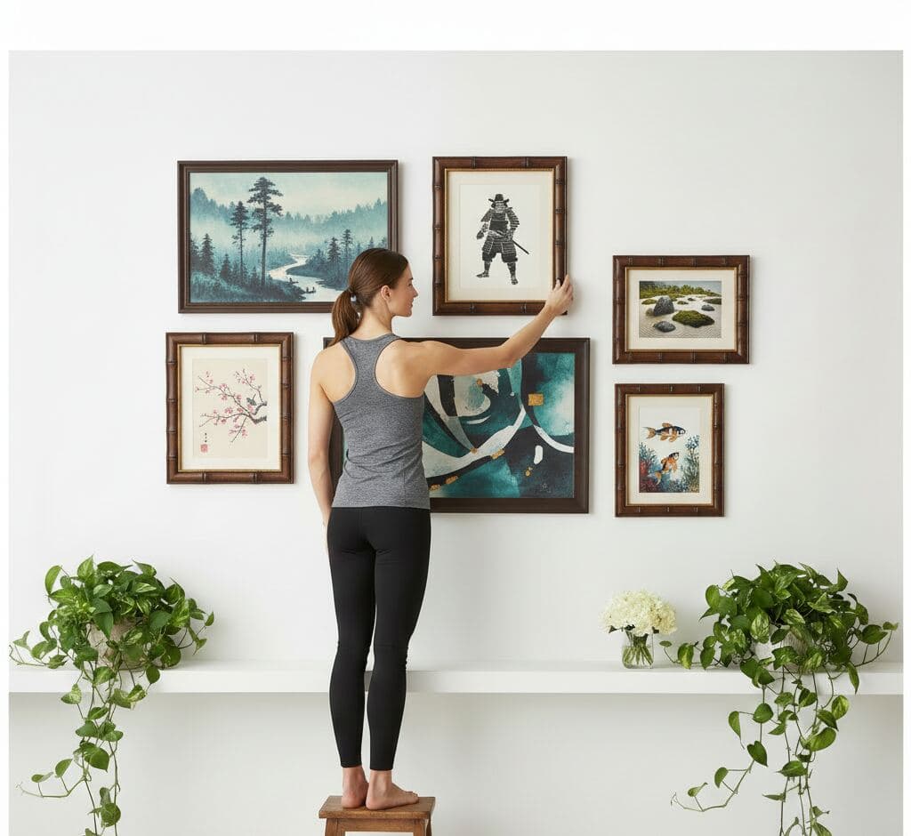 Woman on stool arranging Asian-inspired gallery wall with brown bamboo frames displaying misty forest landscape, samurai silhouette, cherry blossom watercolor, zen garden painting, and koi fish illustration above white shelf
