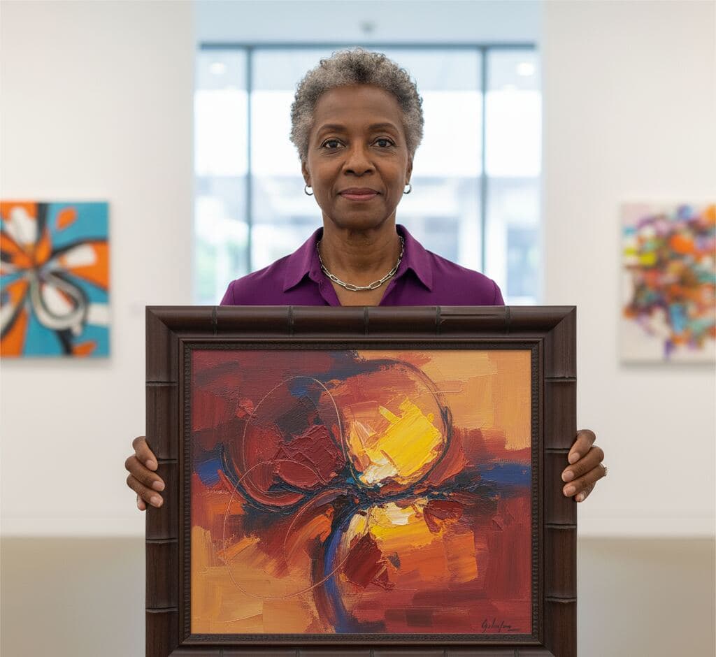 Professional art collector presenting vibrant abstract expressionist painting with bold orange, yellow, and blue palette knife strokes in elegant brown bamboo picture frame with authentic segment joint detailing in contemporary gallery