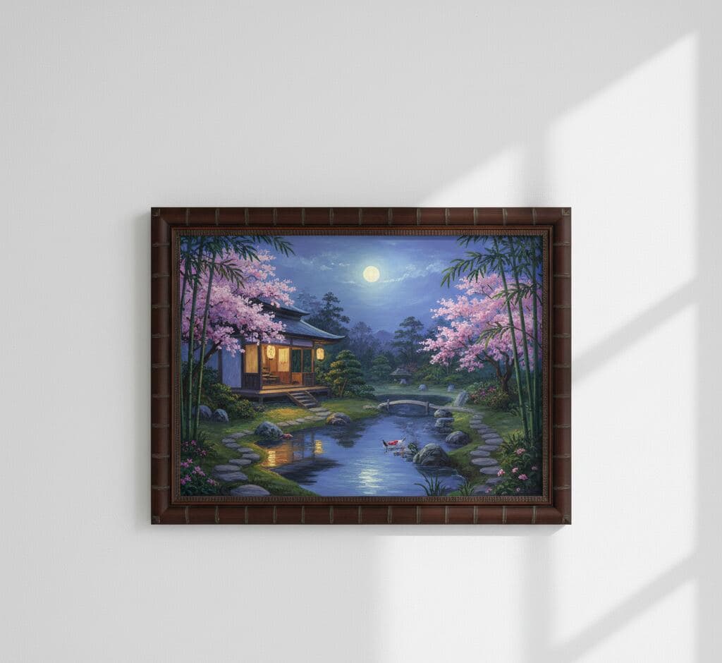 Enchanting Japanese temple garden painting with moonlit cherry blossoms, traditional architecture, bamboo stalks, and koi pond professionally framed in wide brown bamboo picture frame with Asian-inspired beaded edge