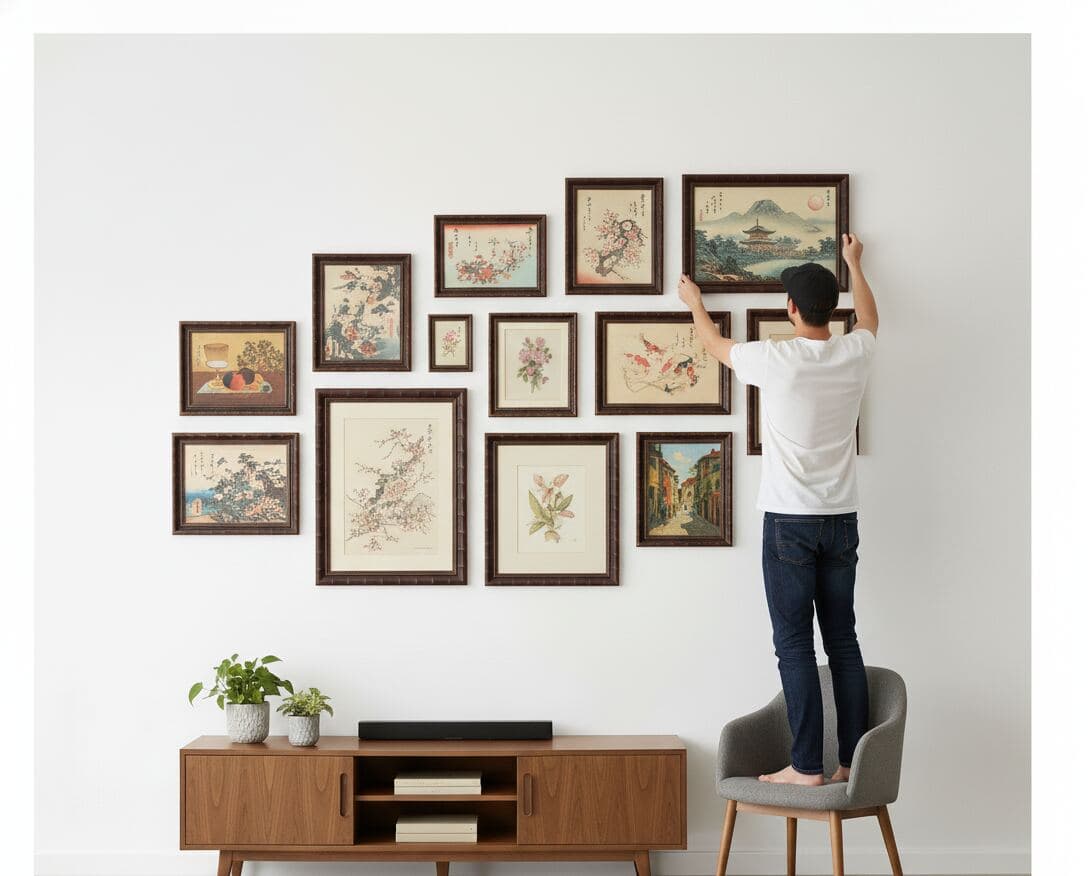 Man on chair arranging extensive Japanese art gallery wall with brown bamboo frames displaying vintage botanical prints, Mount Fuji landscapes, koi fish watercolors, and traditional Asian still life paintings above mid-century credenza