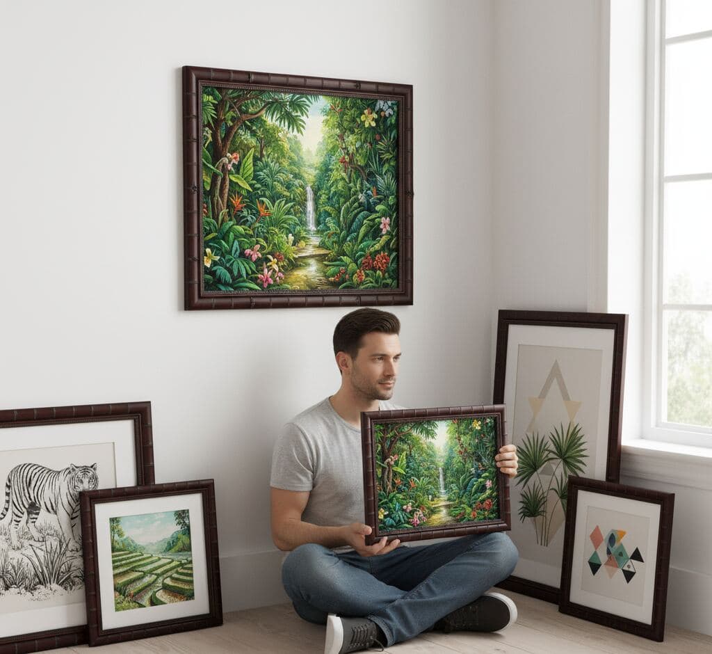 Man sitting with collection of brown bamboo frames showcasing lush tropical rainforest painting with waterfall, exotic birds, and vibrant flora surrounded by geometric prints, botanical illustrations, and wildlife sketches