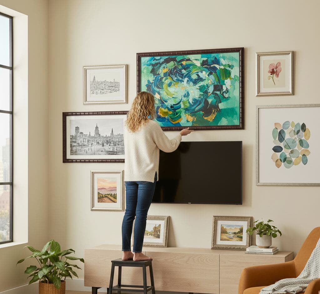 Woman on stool curating TV gallery wall combining brown bamboo frames with silver frames displaying large-scale abstract art in turquoise and green tones, vintage cityscapes, botanical watercolors, and landscape paintings