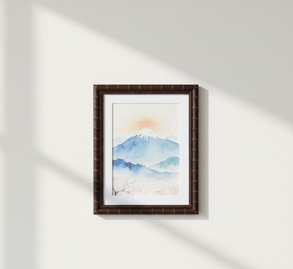 Serene Mount Fuji watercolor painting with snow-capped peak, misty mountains, and delicate cherry blossoms professionally framed in brown bamboo picture frame with decorative segment joints and white mat in natural window light