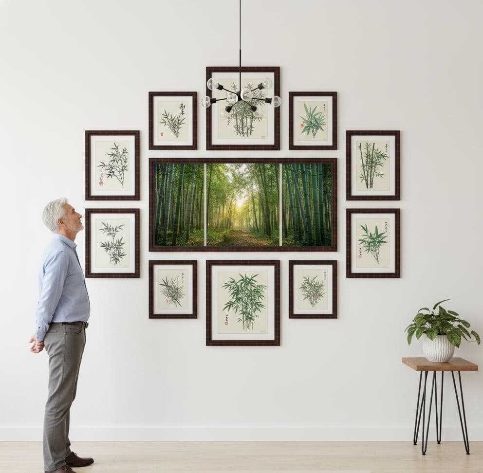Man admiring symmetrical Asian bamboo botanical gallery wall featuring large bamboo forest photograph centerpiece surrounded by traditional ink paintings of bamboo stalks with Asian calligraphy in authentic brown bamboo frames