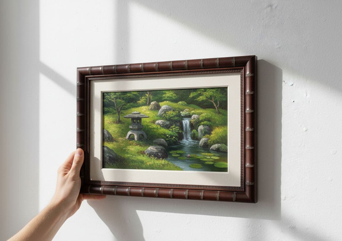 Hand positioning serene Japanese zen garden painting with stone lantern, waterfall, and lush moss in wide brown bamboo picture frame with authentic segment joint finish and decorative beaded edge