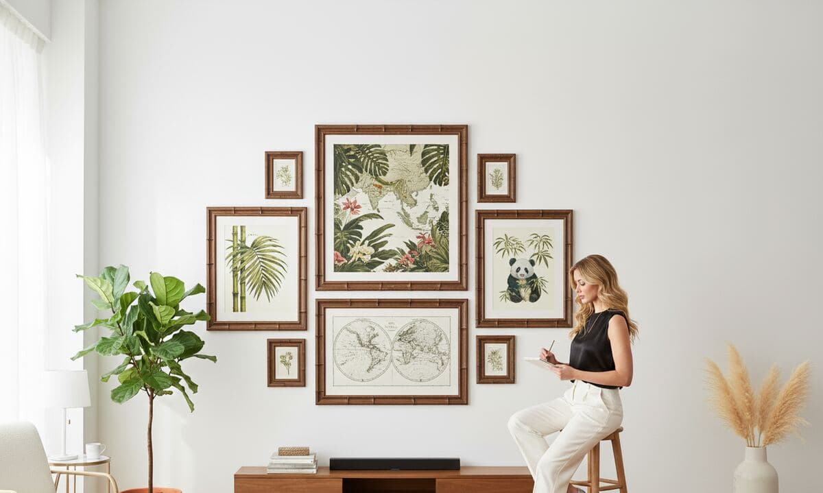 Contemporary gallery wall featuring brown bamboo picture frames displaying tropical botanical prints with giant pandas, palm fronds, vintage world map, and natural history illustrations in modern minimalist living room