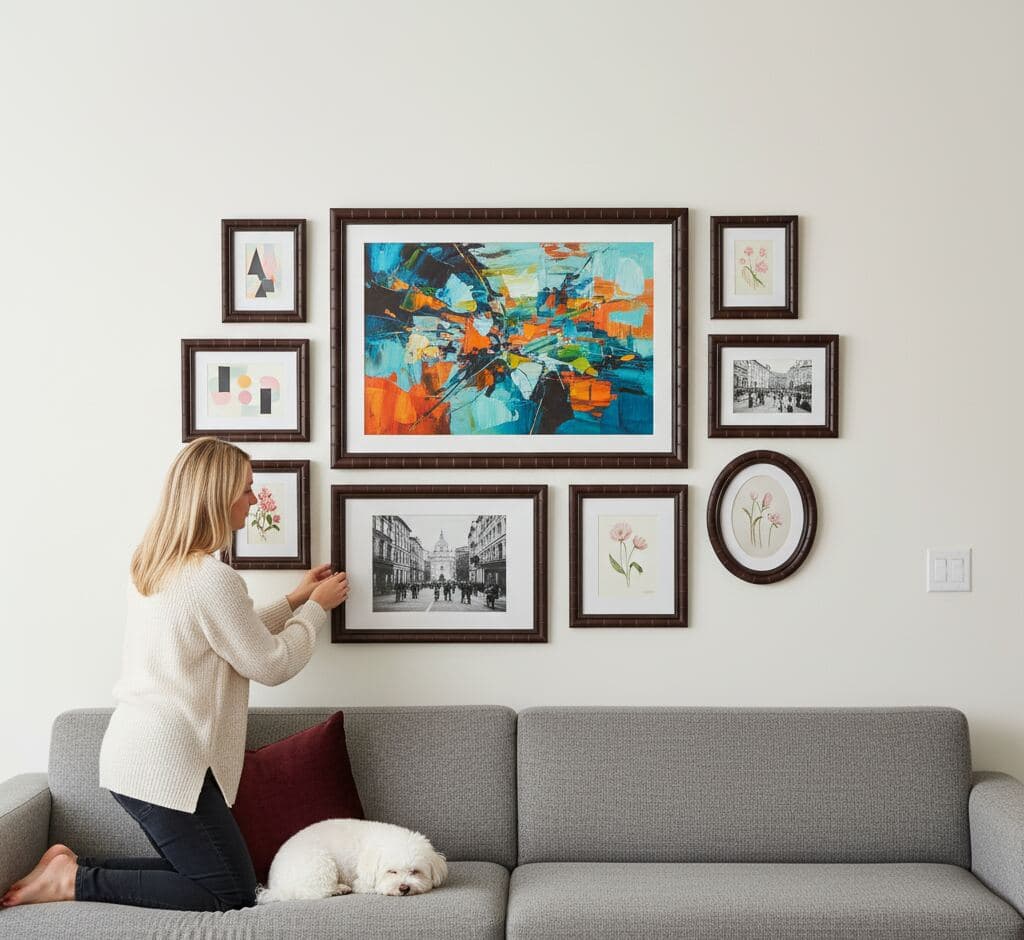 Woman arranging eclectic gallery wall with brown bamboo frames featuring large abstract art centerpiece in turquoise and orange tones surrounded by vintage cityscapes, delicate floral watercolors, and geometric prints with white puppy on gray sofa