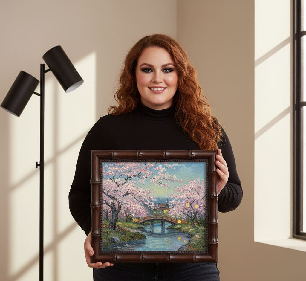 Woman displaying Japanese cherry blossom bridge scene painting with traditional architecture, pink sakura blossoms, and tranquil pond in wide brown bamboo picture frame with authentic Asian-inspired segment joint detailing