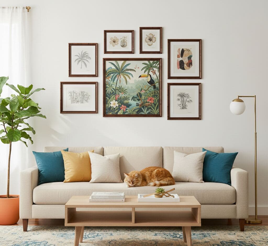 Modern living room gallery wall with brown bamboo frames showcasing tropical toucan centerpiece surrounded by botanical palm illustrations, vintage seed packets, and bamboo sketches with orange cat on beige sofa