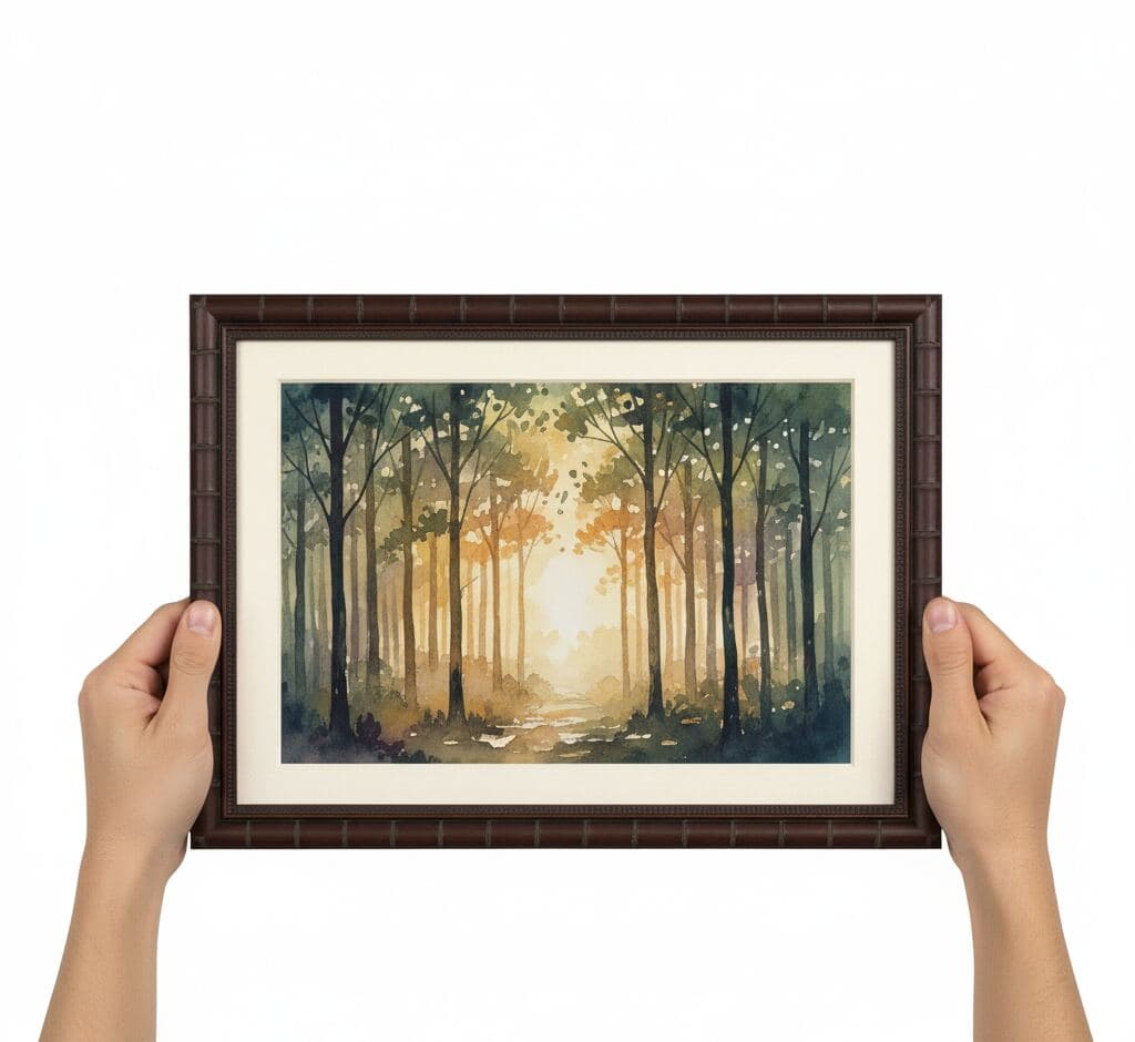 Hands holding atmospheric forest watercolor painting with golden morning light filtering through tall trees in wide brown bamboo picture frame with authentic segment joint finish and white mat