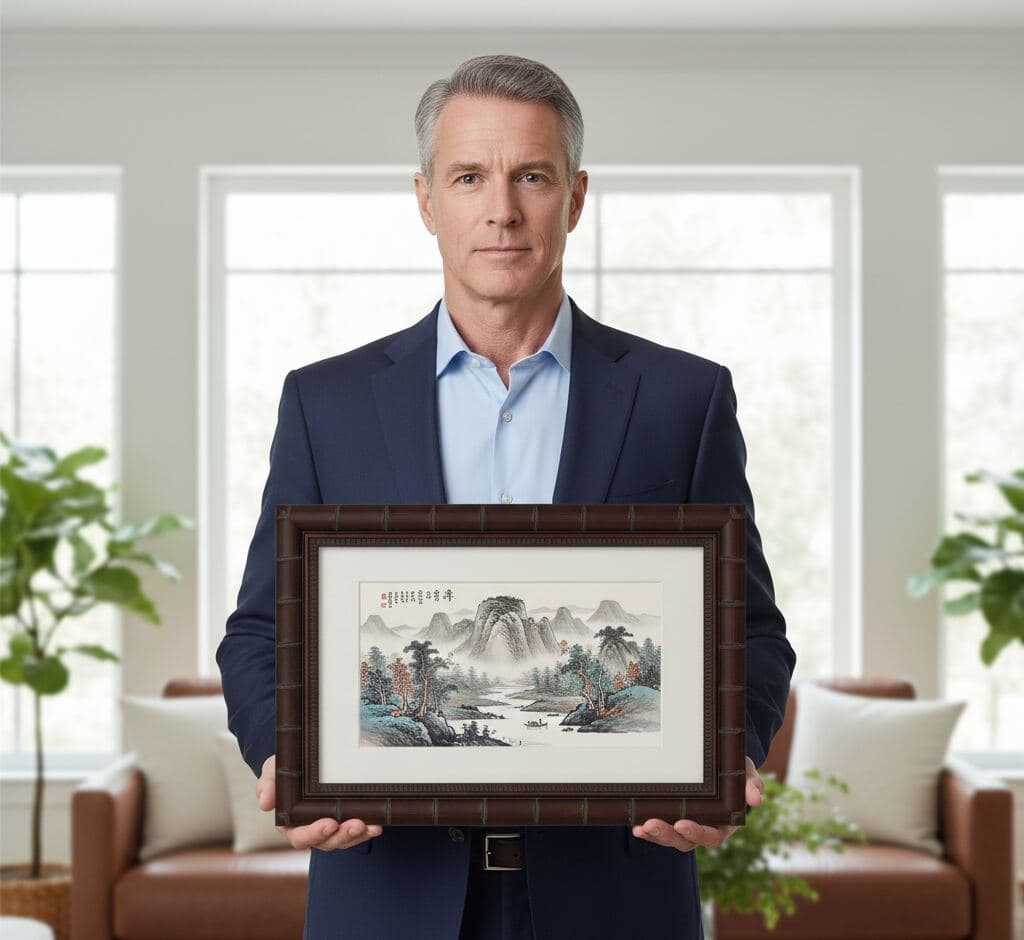 Professional executive presenting traditional Chinese landscape ink painting with mountains and calligraphy in elegant brown bamboo picture frame with Asian-inspired segment detailing in bright modern office