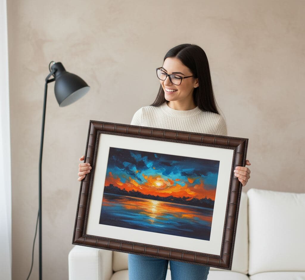 Woman displaying dramatic seascape painting with vibrant orange and blue sunset over reflective water in wide brown bamboo picture frame with decorative beaded edge and white mat