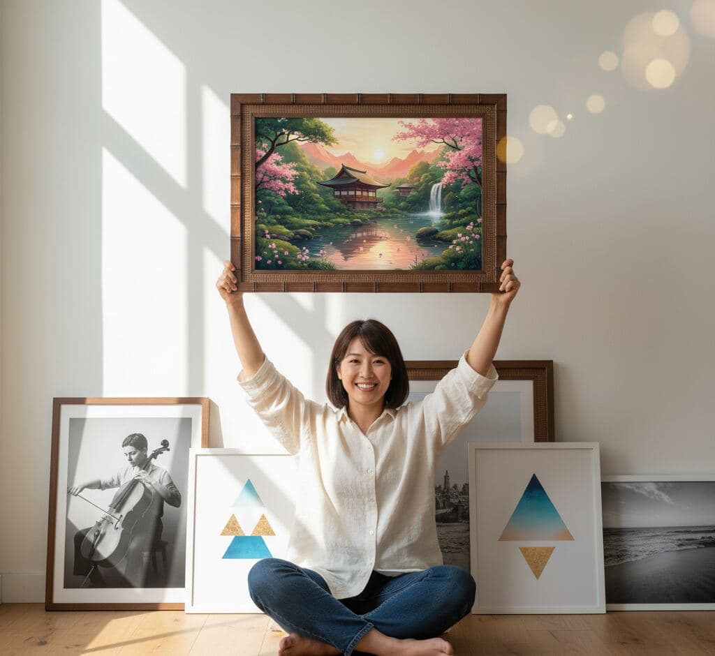 Woman celebrating Japanese temple garden painting with cherry blossoms, waterfall, and traditional pagoda architecture in authentic brown bamboo picture frame with Asian-inspired finish among collection of geometric prints