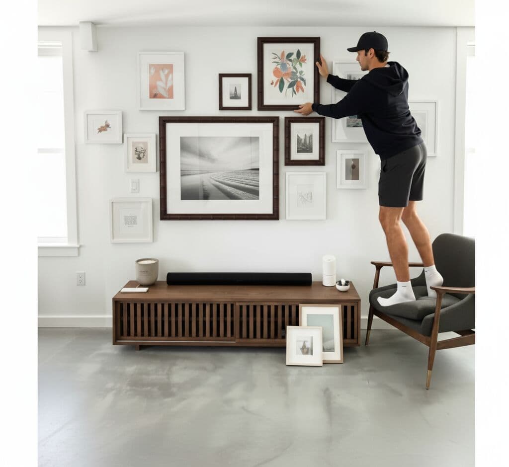 Man curating mixed media gallery wall combining brown bamboo frames with white frames displaying black-and-white beach photography, citrus botanical prints, and architectural artwork above modern credenza