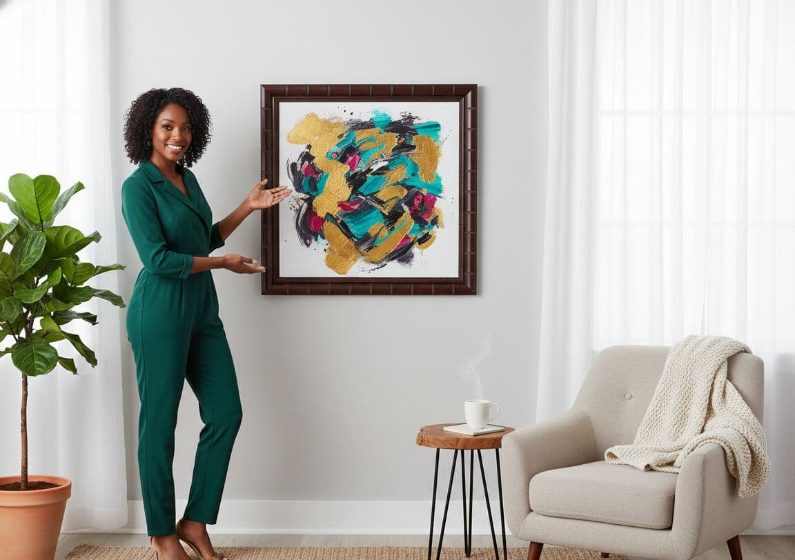 Woman presenting bold contemporary abstract painting with gold leaf, turquoise, and black brushwork in substantial brown bamboo picture frame with decorative segment joints in minimalist home setting