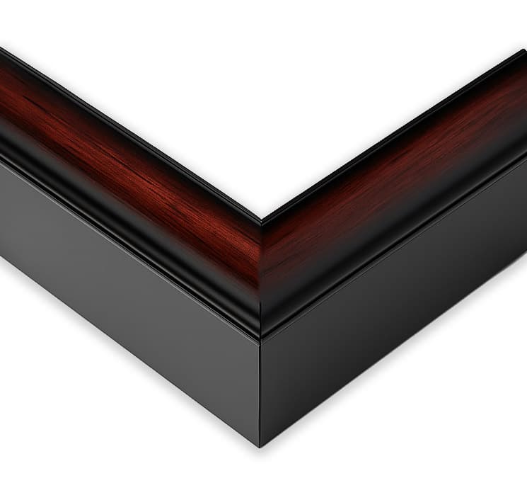Extra Deep Brown Shadowbox corner detail showing precision mitered joint with sophisticated two-tone finish featuring black outer edge and rich mahogany brown wood grain interior excellent for professional ultra deep shadowbox displays