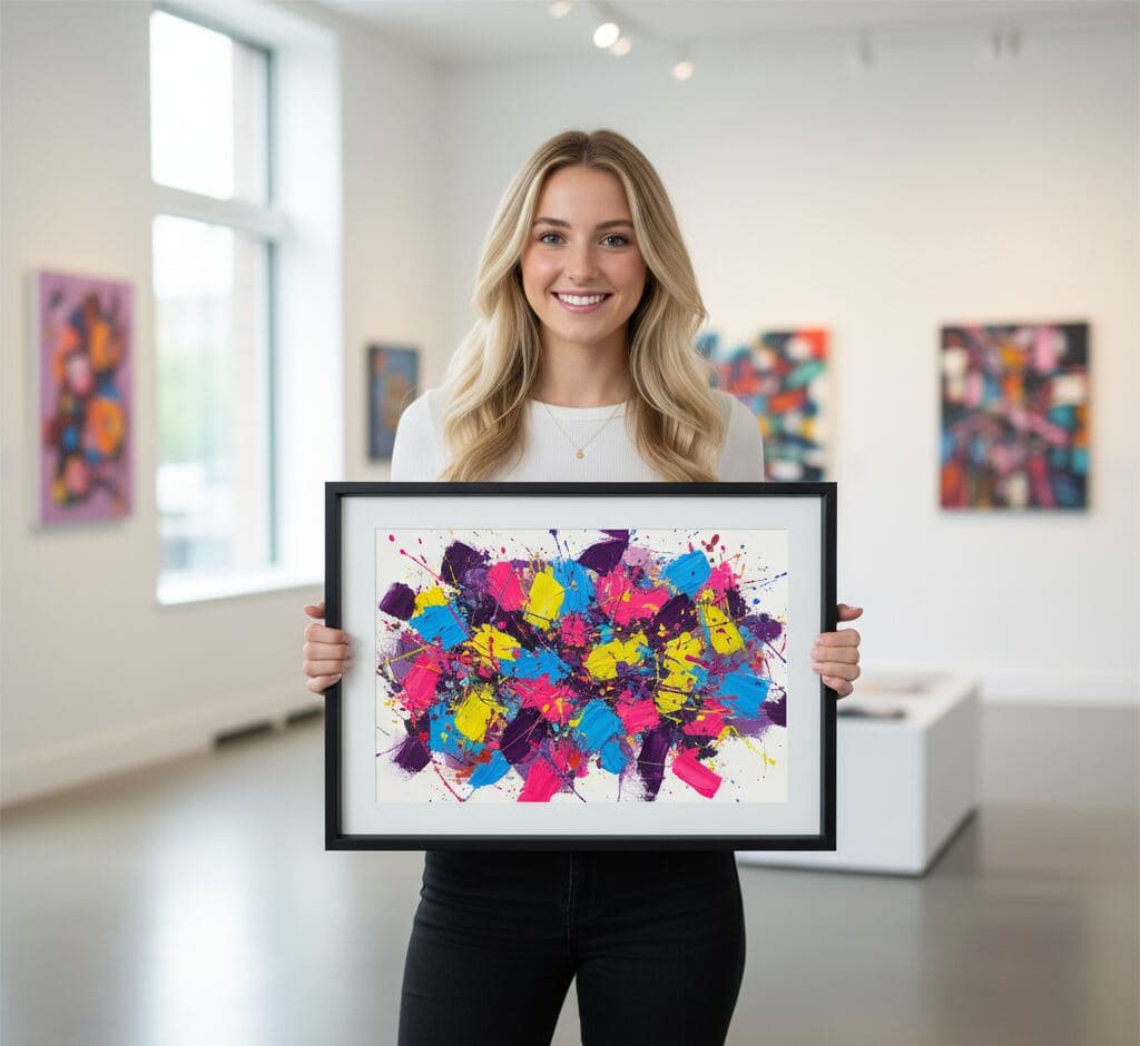 Woman presenting vibrant abstract expressionist painting with explosive pink, yellow, blue, and purple paint splatters in angular black picture frame in modern minimalist gallery with contemporary art collection