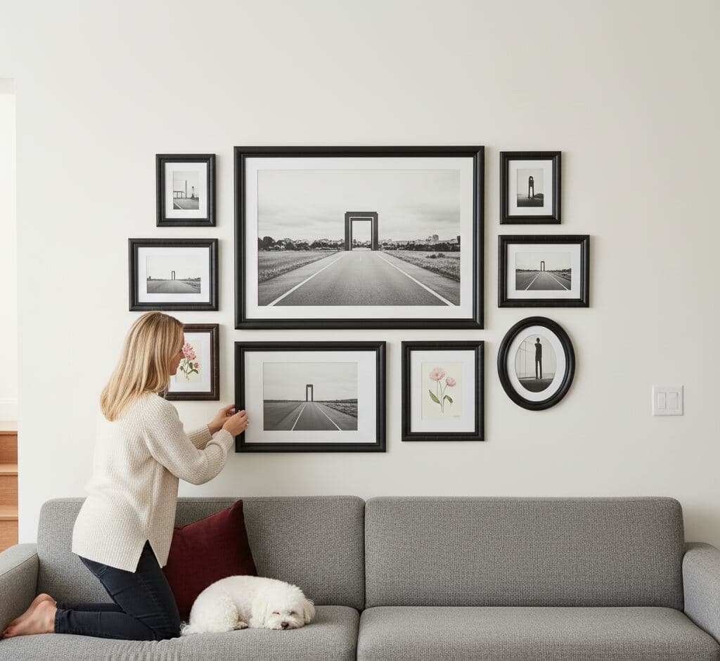 Woman arranging minimalist gallery wall with sleek black picture frames featuring monochromatic architectural photography series and delicate pink floral watercolors with white puppy on gray sofa