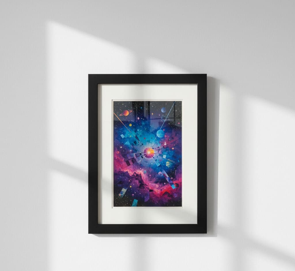 Vibrant cosmic nebula watercolor painting with deep blues, magentas, and starfield detail professionally framed in modern black picture frame with crisp white mat in dramatic window lighting
