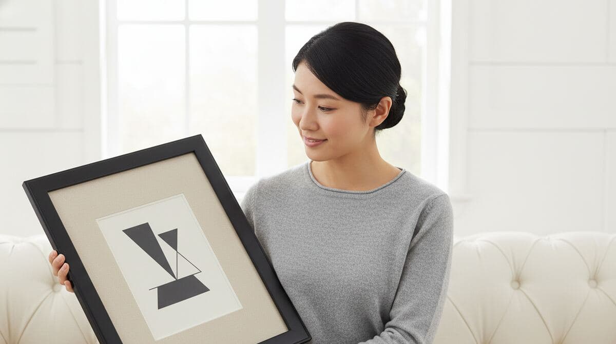 Woman admiring minimalist geometric abstract art with bold black triangular shapes on neutral background in sleek black picture frame with double mat in bright natural home setting