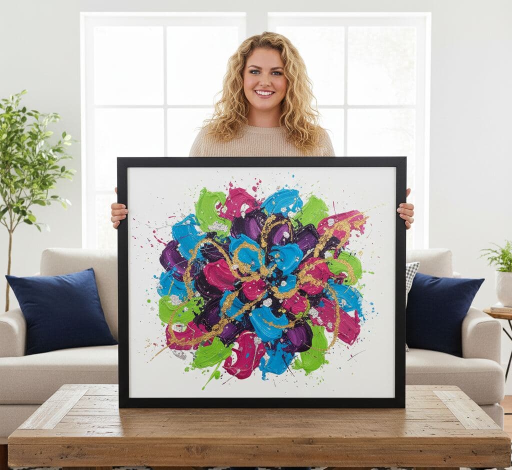 Woman displaying oversized vibrant abstract expressionist painting with explosive magenta, blue, green, and purple paint splatters with gold accents in substantial black picture frame in modern bright living room