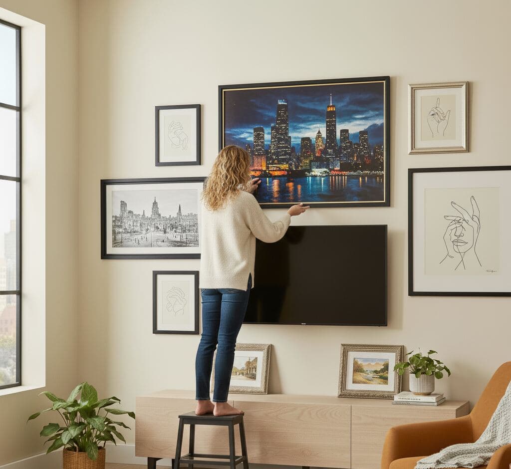 Woman on stool curating TV gallery wall with black picture frames featuring dramatic Chicago skyline night photography centerpiece surrounded by minimalist line art portraits and vintage landscape paintings