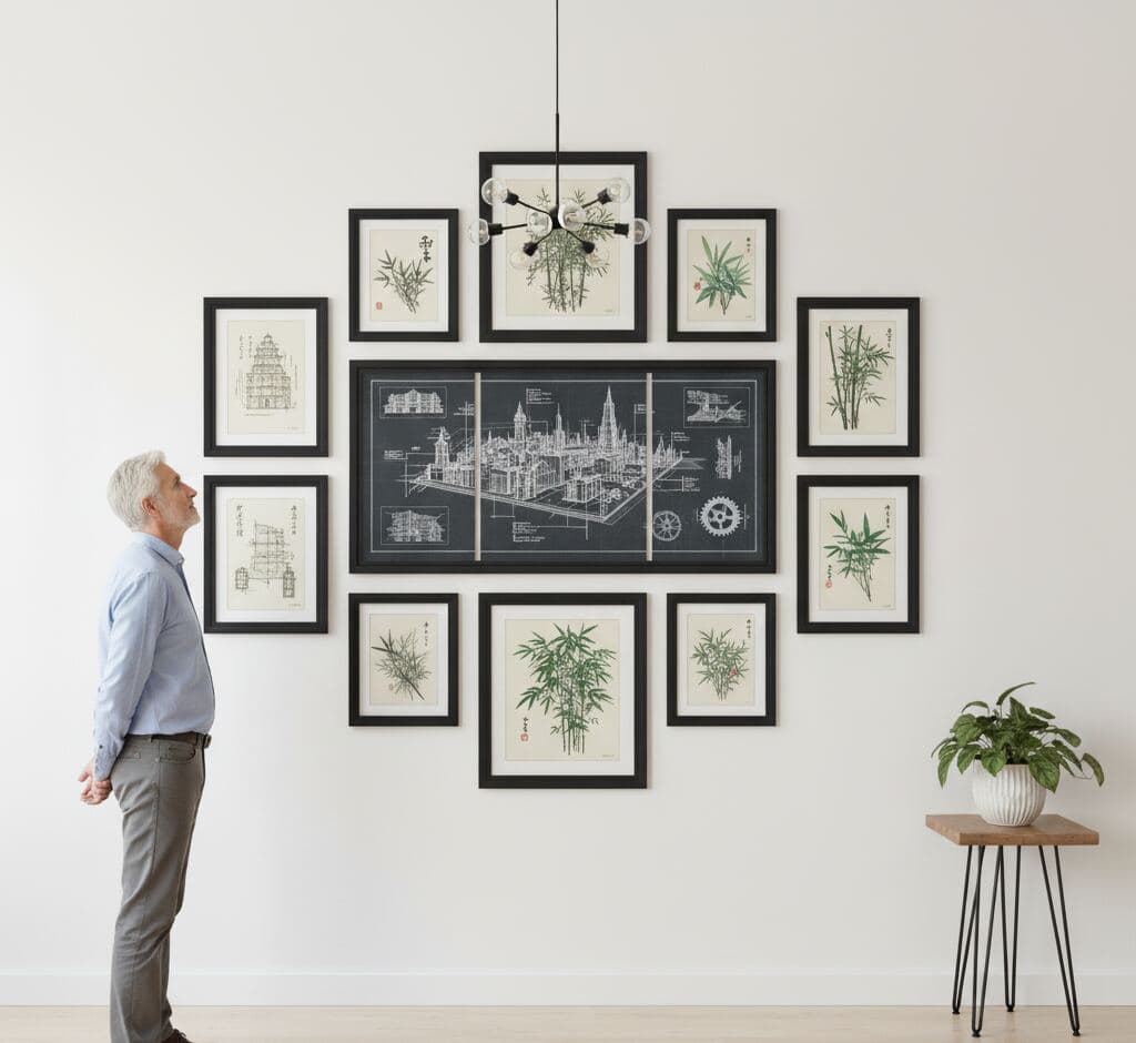 Man admiring symmetrical gallery wall with sleek black picture frames displaying large architectural blueprint with detailed isometric city design surrounded by twelve Asian bamboo botanical ink paintings with calligraphy