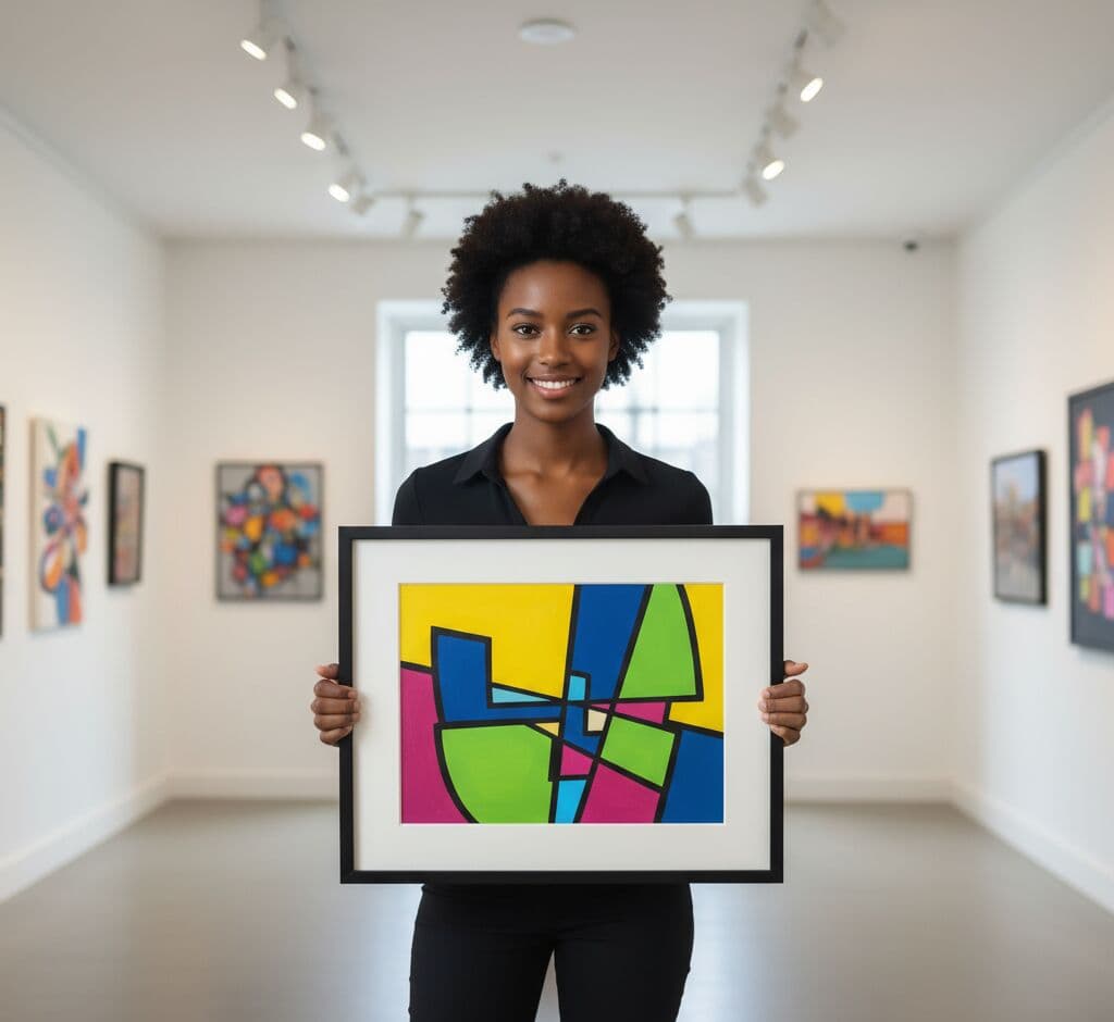 Professional art curator presenting bold geometric abstract painting with vibrant yellow, blue, green, pink, and magenta color blocks in modern black picture frame in contemporary gallery with colorful artwork collection