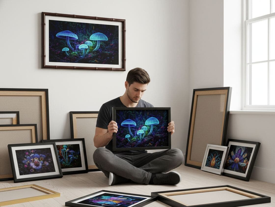 Artist in studio with UV-reactive glowing bioluminescent mushroom artwork in black picture frames creating otherworldly atmosphere surrounded by empty frames and supplies for nature-inspired fluorescent botanical art