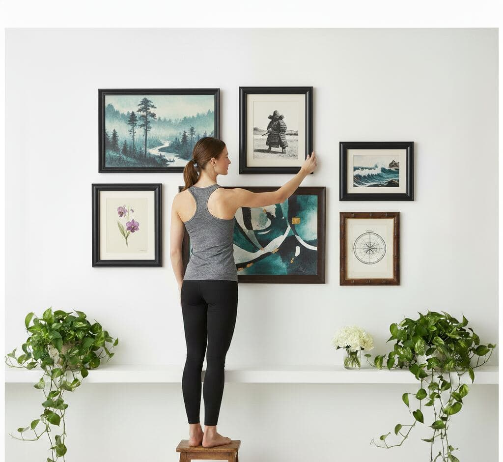 Woman on wooden stool arranging nature-inspired gallery wall with black picture frames featuring watercolor foggy forest landscape, delicate iris botanical print, abstract teal moon phases, vintage compass diagram above credenza with cascading pothos plants