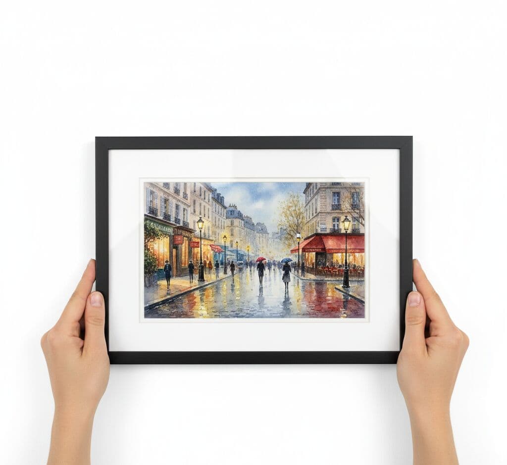 Hands holding romantic Paris rainy street scene watercolor featuring warm amber streetlights, red cafe awnings, and silhouetted pedestrians in sleek black picture frame a natural fit for European travel art
